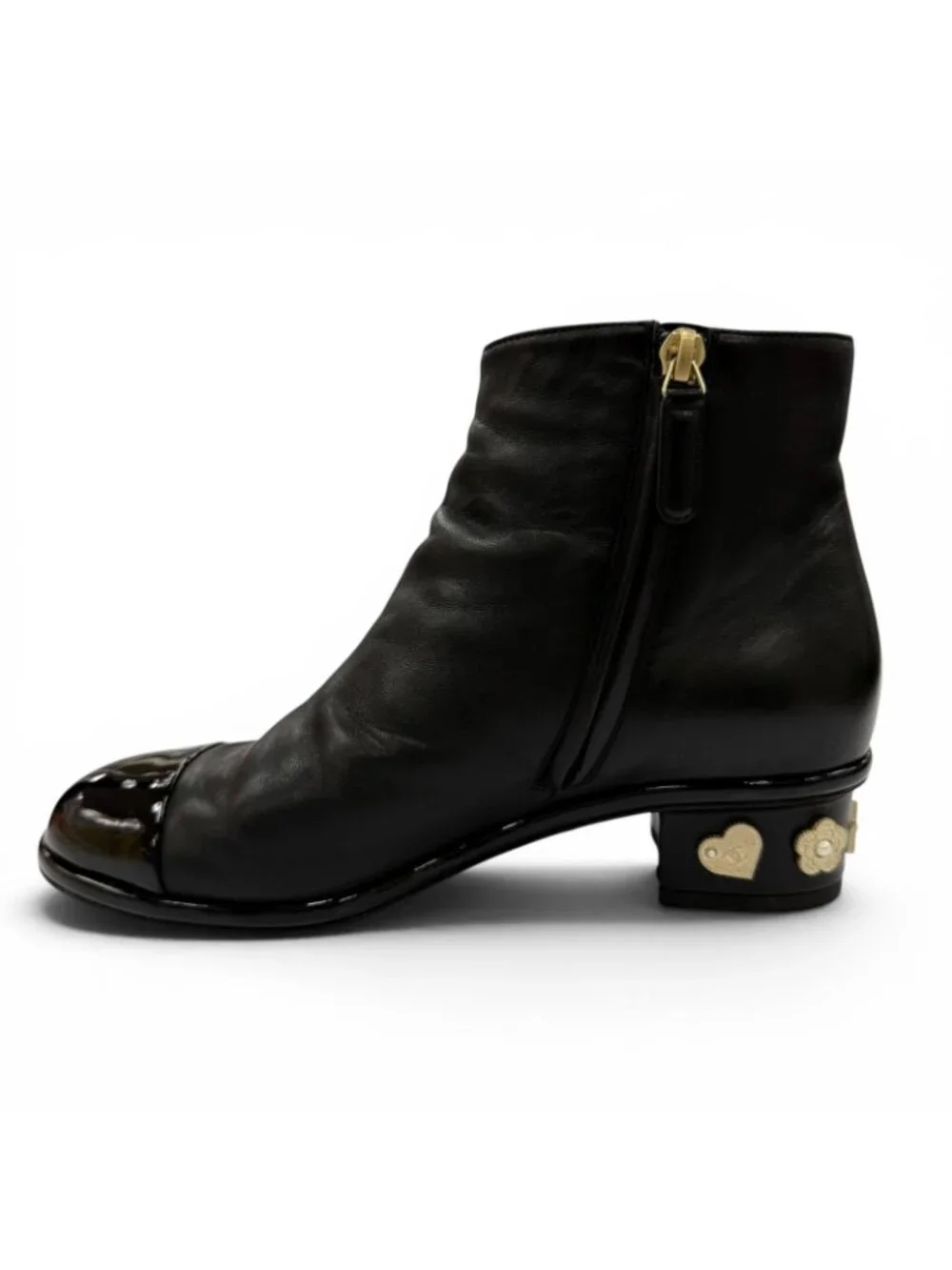 Chanel CC Logo Faux Pearl Gold Parts Side Zip Leather Short Boots Black
